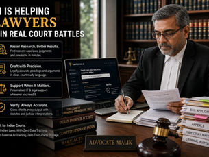 Indian advocate Malik using AI for legal research, drafting pleadings, verifying case law, and preparing court matters in his law office.