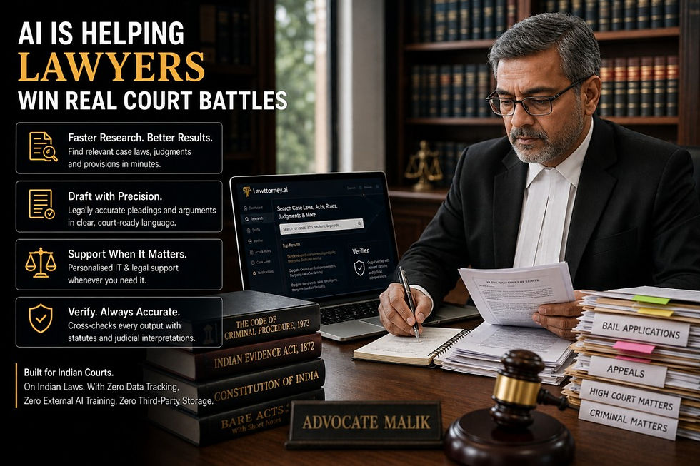 Indian advocate Malik using AI for legal research, drafting pleadings, verifying case law, and preparing court matters in his law office.