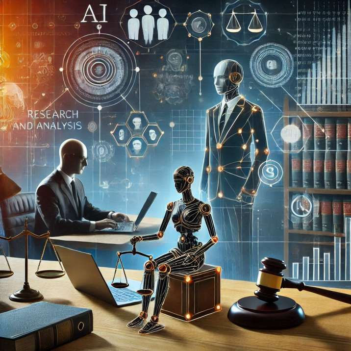 A lawyer using AI-powered tools on a computer for legal research and analysis, with digital icons representing efficiency, accuracy, and decision-making.