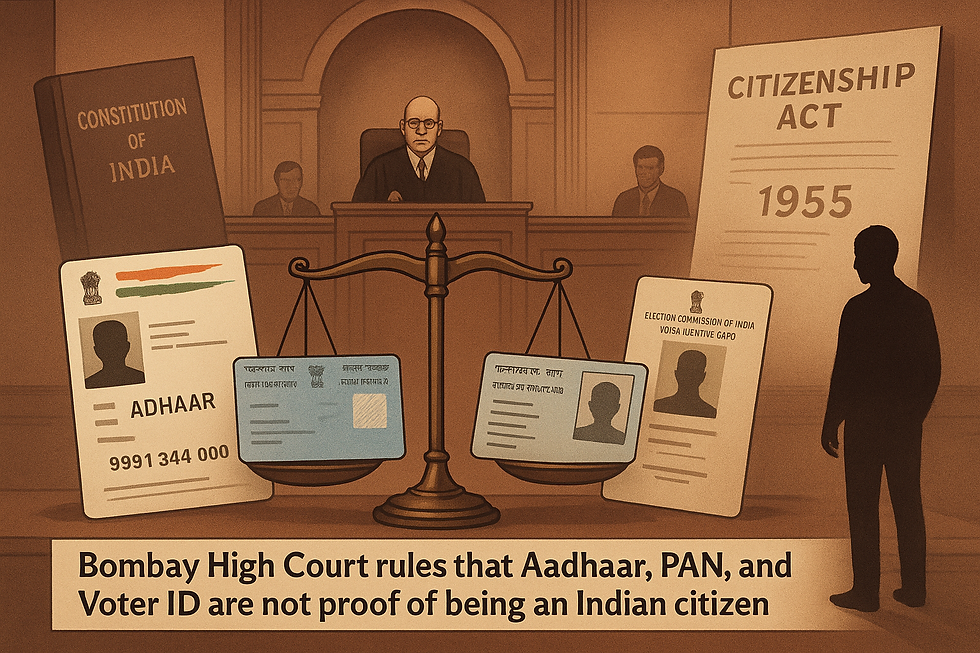 Bombay High Court highlighting that Aadhaar Card, PAN Card, and Voter ID are not valid proof of Indian citizenship.