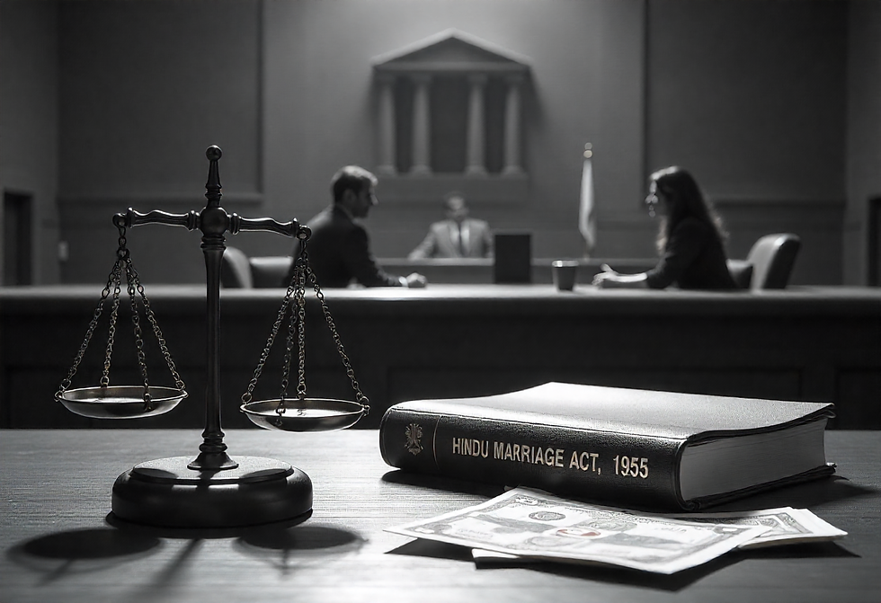 High Court with scales of justice, Hindu Marriage Act book, and divorcing couple symbolizing Maintenance under Section 24.