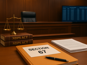 Indian courtroom with legal documents, NDPS Act books, Section 67 file, and digital CDR logs symbolizing the High Court ruling on NDPS Act bail evidence.