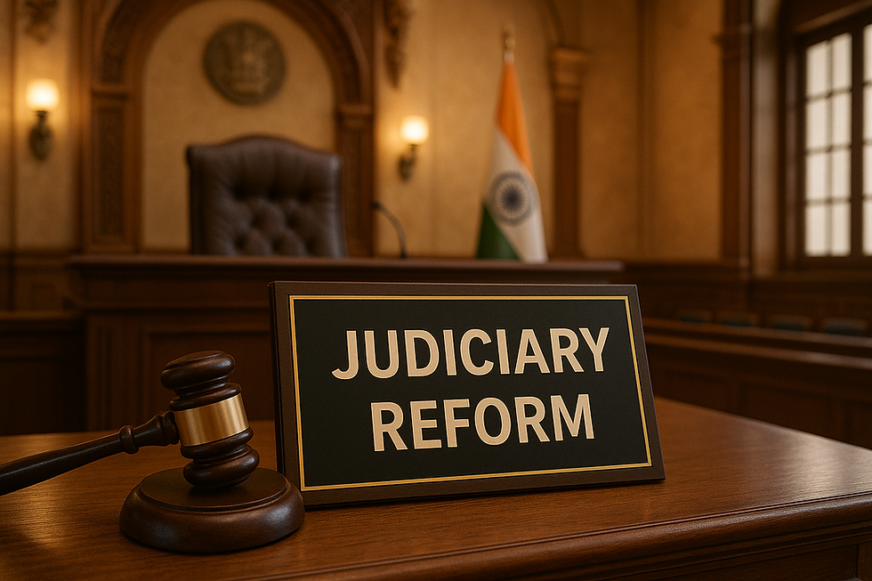 Indian courtroom interior featuring a "Judiciary Reform" sign and gavel on a wooden table, with a judge’s chair and Indian flag in the background.