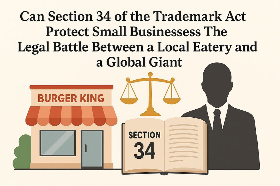 Digital illustration showing a modest local restaurant on the left and a large faceless corporate figure on the right, with a legal scale and an open book labeled 'Section 34' at the center, representing a legal conflict over trademark rights without displaying any corporate logos.