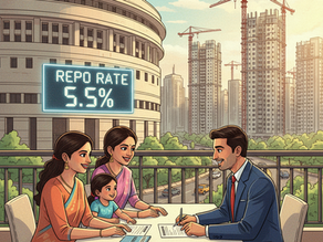 Reserve Bank of India with a ‘Repo Rate 5.5%’ symbol, homebuyers reviewing loan documents, and real estate construction in the background, symbolizing the impact of steady interest rates on housing demand.