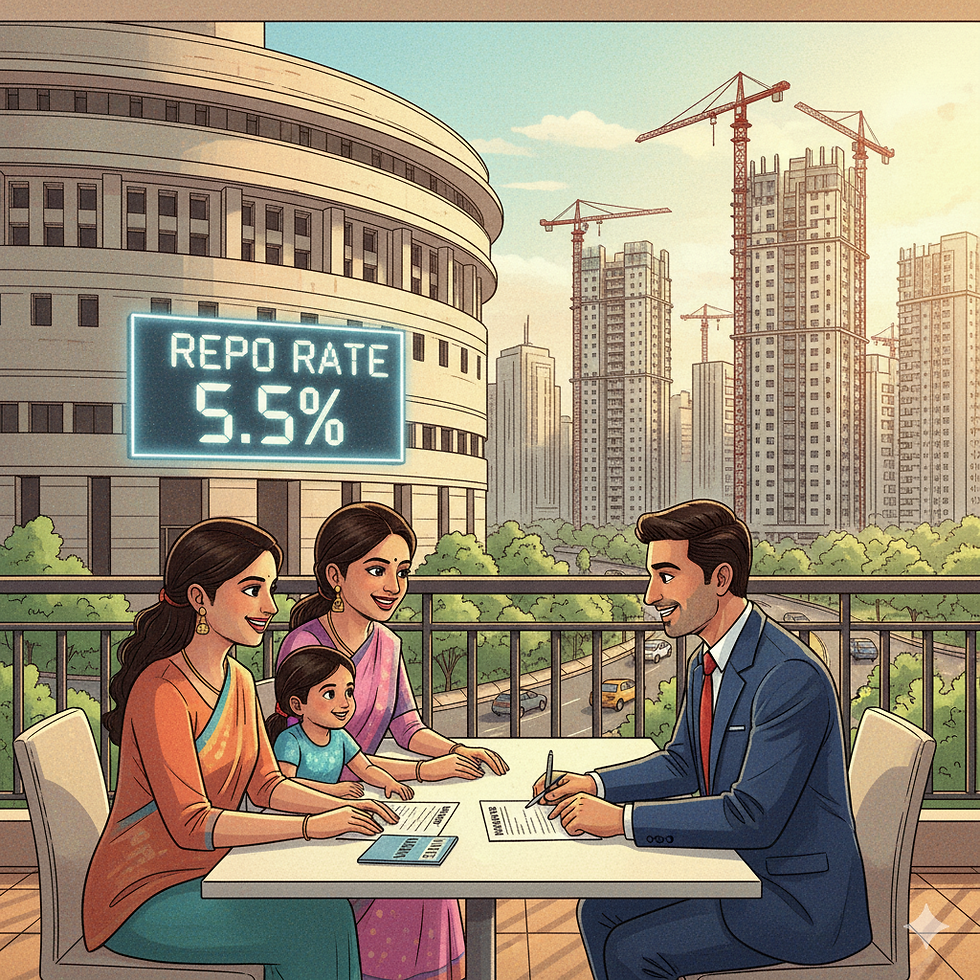 Reserve Bank of India with a ‘Repo Rate 5.5%’ symbol, homebuyers reviewing loan documents, and real estate construction in the background, symbolizing the impact of steady interest rates on housing demand.