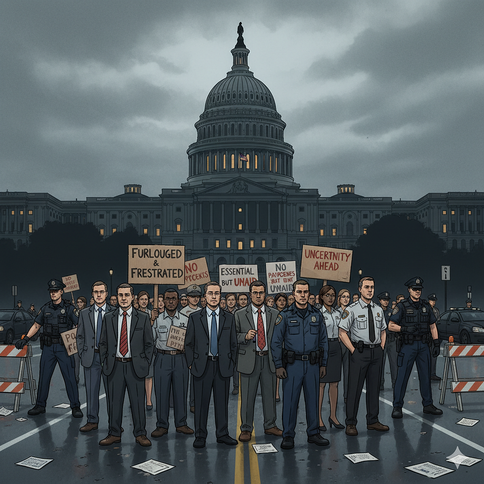 US government shutdown showing furloughed workers holding signs and essential employees continuing duty in front of the Capitol building.