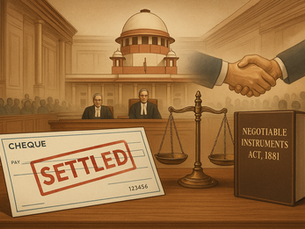 Supreme Court with a dishonoured cheque marked “Settled,” symbolizing compromise in cheque dishonour cases under Section 138 NI Act.