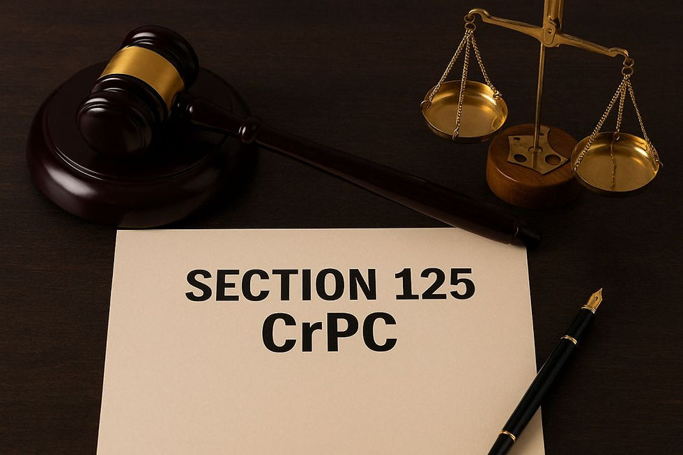 Gavel, balance scale, and a document labeled "SECTION 125 CrPC" symbolizing a legal judgment on maintenance laws in India.