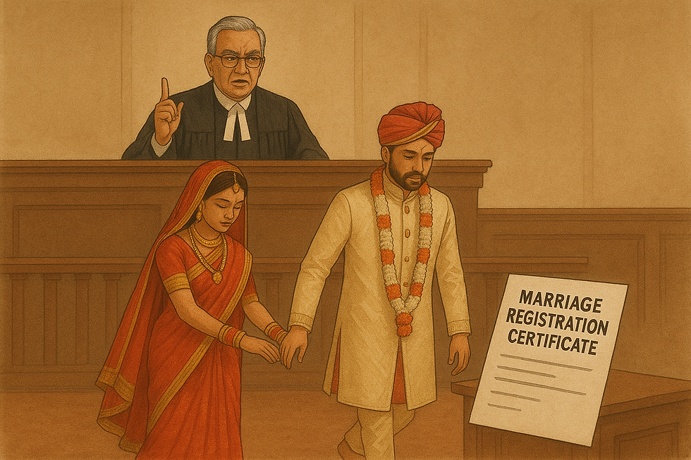 Indian judge delivering verdict with Hindu couple in wedding attire beside a marriage registration certificate.