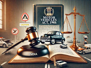 An image depicting the Motor Vehicles Act, 1988, with a judge’s gavel, legal document, scales of justice, and a car accident scene symbolizing law and compensation.