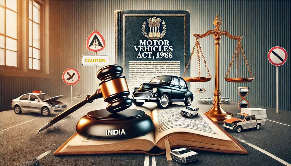 An image depicting the Motor Vehicles Act, 1988, with a judge’s gavel, legal document, scales of justice, and a car accident scene symbolizing law and compensation.