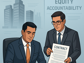 CEO signing a contract with legal advisor assistance, surrounded by symbols of corporate governance, performance metrics, and equity compensation.