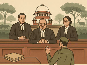 Supreme Court judges reinforcing judicial hierarchy with environmental elements representing the Corbett Tiger Reserve case.