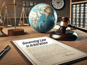A modern courtroom scene featuring a judge's gavel, legal books, a balance scale, and a document labeled 'Governing Law in Arbitration' on a wooden table, symbolizing international arbitration and legal fairness.