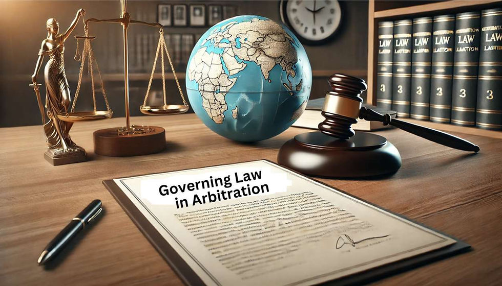 A modern courtroom scene featuring a judge's gavel, legal books, a balance scale, and a document labeled 'Governing Law in Arbitration' on a wooden table, symbolizing international arbitration and legal fairness.