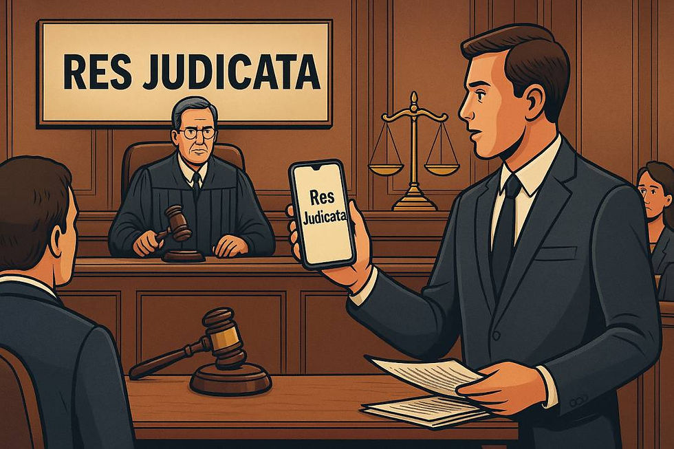 A digital illustration showing a courtroom with lawyers, a judge, legal documents, a gavel, and a notice marked “Res Judicata” related to SEBI proceedings.