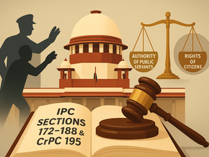 Supreme Court of India illustration highlighting ruling on IPC Sections 172–188 and Section 195 CrPC regarding contempt of lawful authority of public servants.