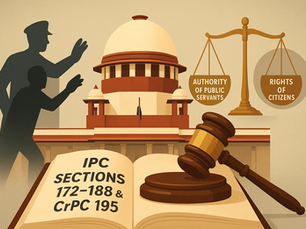 Supreme Court of India illustration highlighting ruling on IPC Sections 172–188 and Section 195 CrPC regarding contempt of lawful authority of public servants.