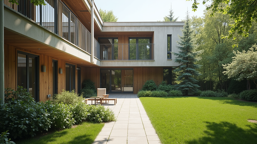 Eye-level view of a modern residential building with a well-maintained garden