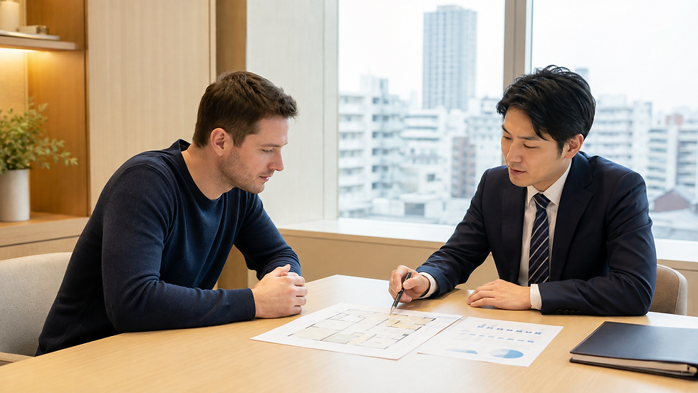 外国人の住宅購入希望者が日本の金融機関担当者と住宅ローン資料を確認する様子