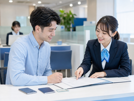 日本の銀行窓口で口座開設の必要書類を確認する外国人居住者