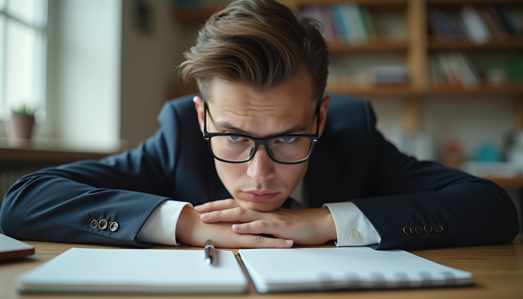 Eye-level view of a person sitting alone at a desk with an open notebook and a pen, looking thoughtful and hesitant