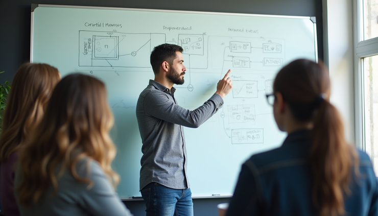 Eye-level view of a person explaining a technical diagram on a whiteboard