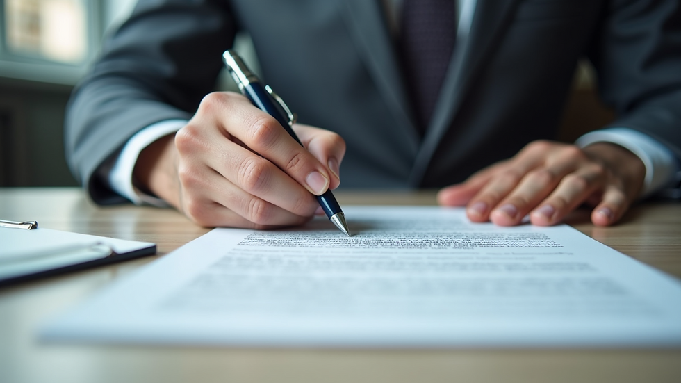 Close-up view of signing real estate loan documents at closing table