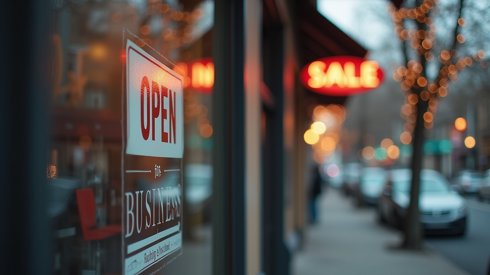 Close-up view of a small business storefront with a "Open for Business" sign