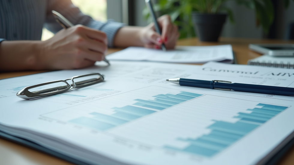 Close-up view of organized financial documents on a desk