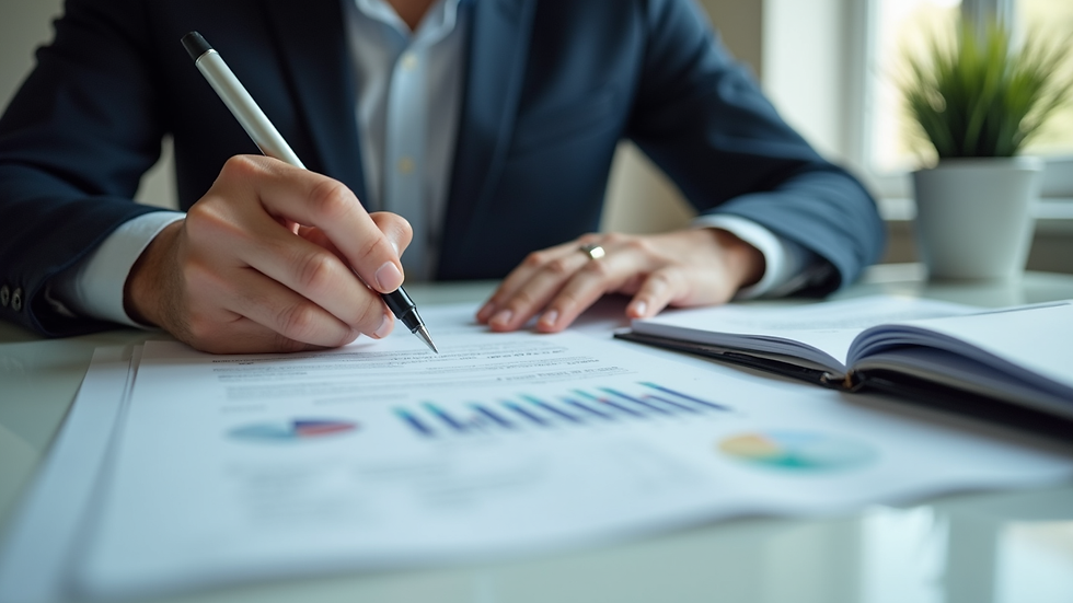 Eye-level view of a business owner reviewing financial documents at a desk