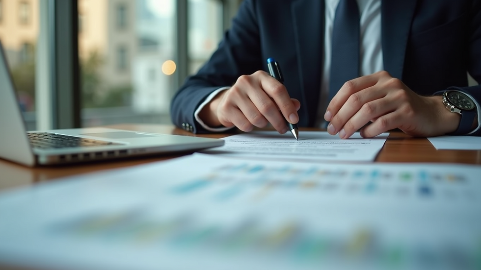 Eye-level view of a business owner reviewing loan documents