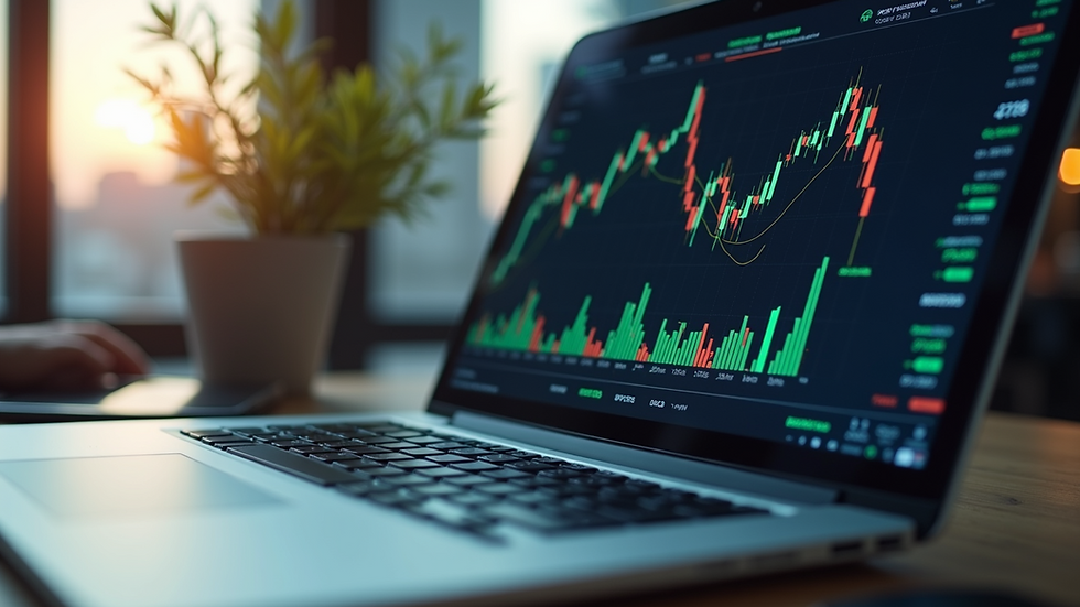 Eye-level view of a laptop displaying financial graphs on a desk