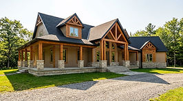 A rustic house features light brown lap siding, steep gabled roofs finished in black shing