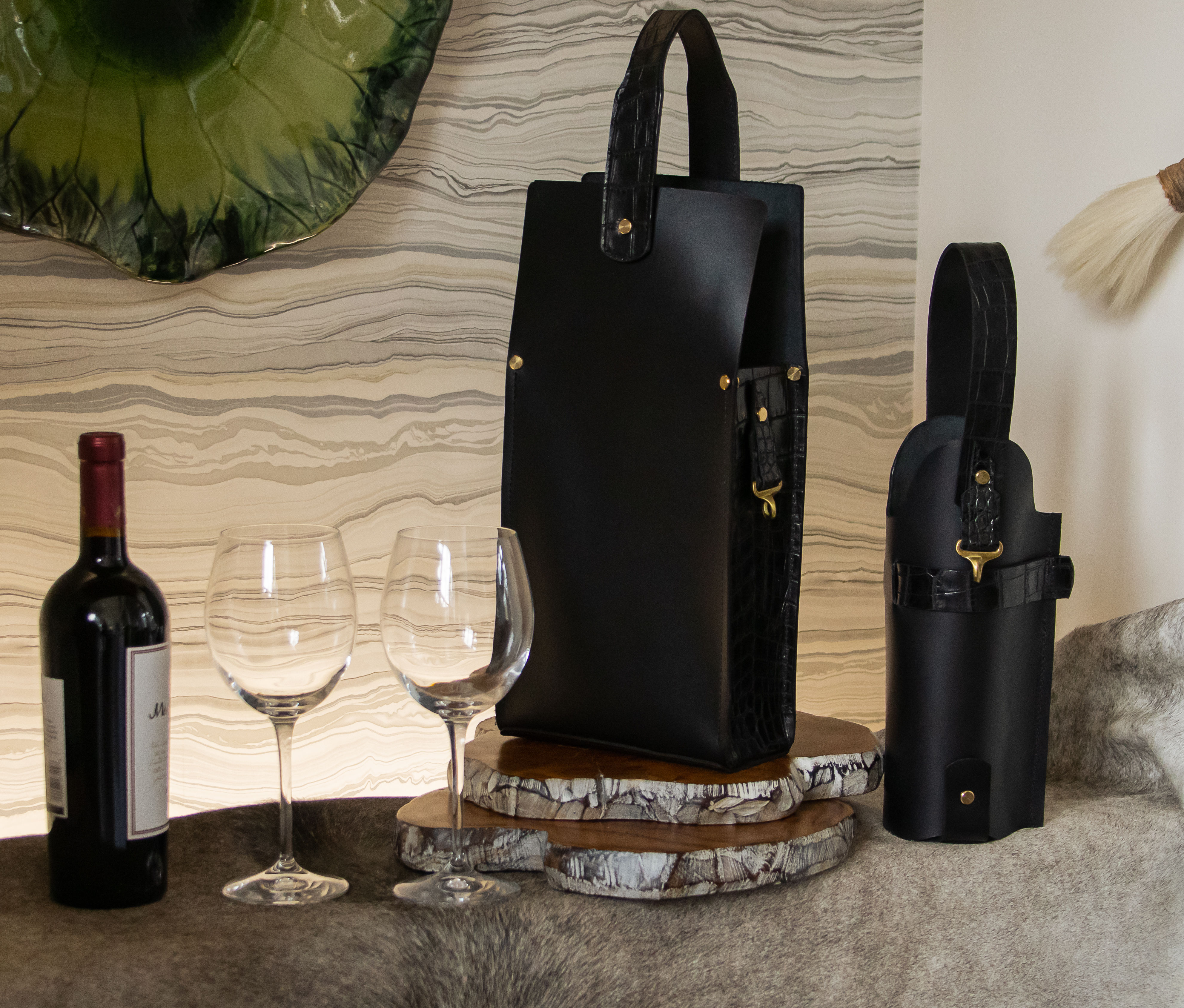 Black Leather Double Wine Tote