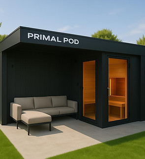 Garden lounge area within a PRIMAL POD garden room space