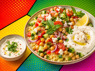 Orientalische Kichererbsen-Couscous-Bowl mit Joghurt-Tahini-Dip