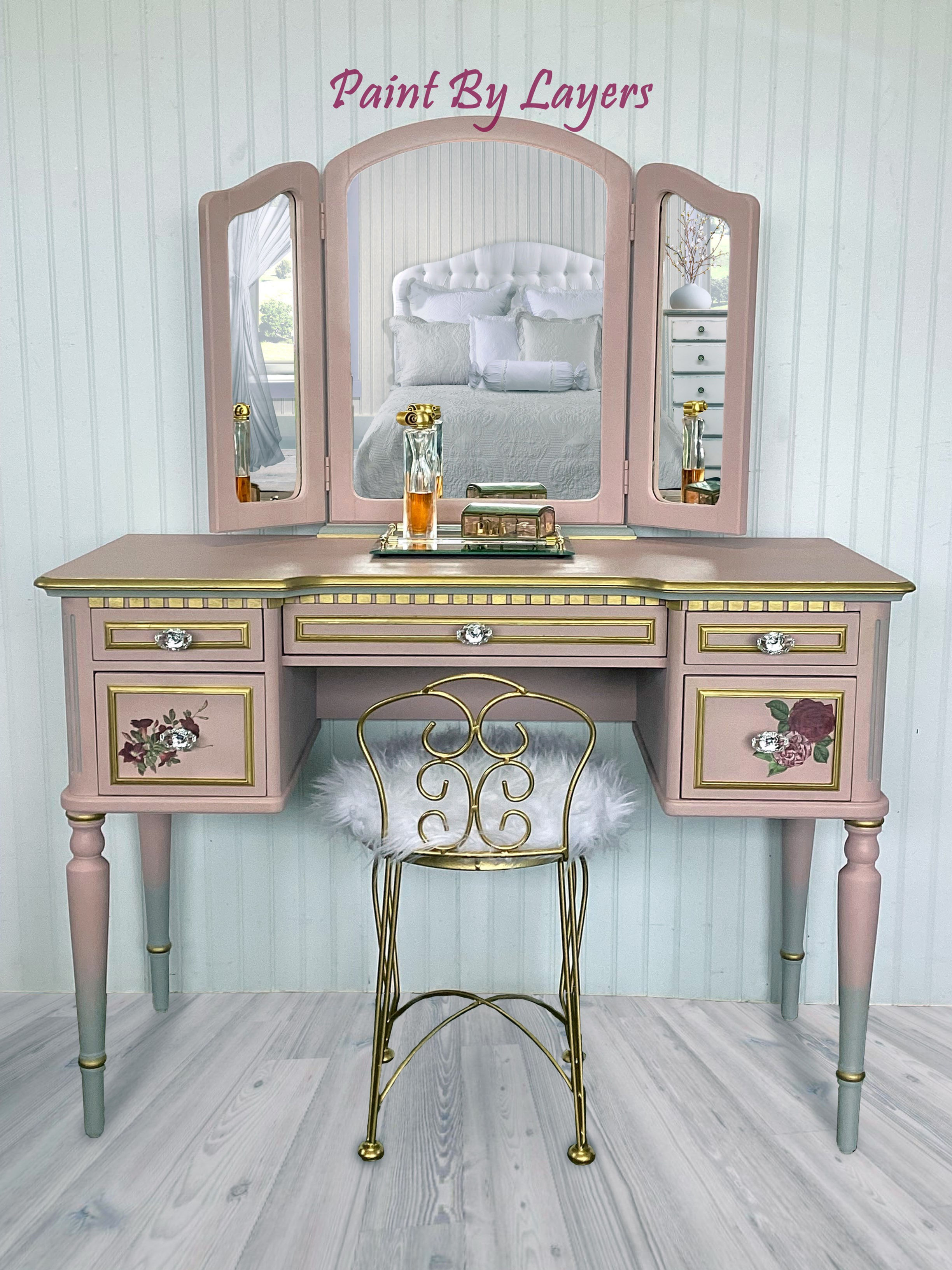 Pink Bedroom Vanity Table, Vanity with Tri-fold Mirror and Chair, Pink & Gold