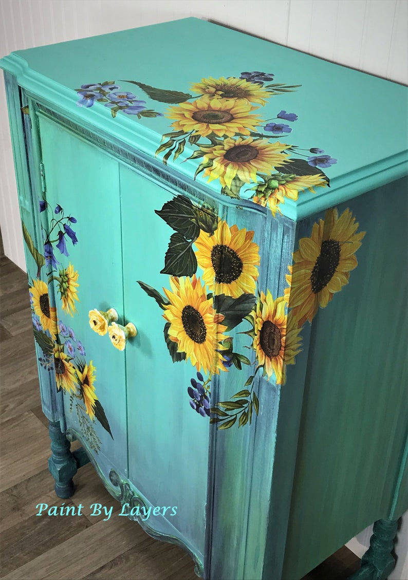 Thumbnail: Antique Turquoise  Cabinet with floral transfers