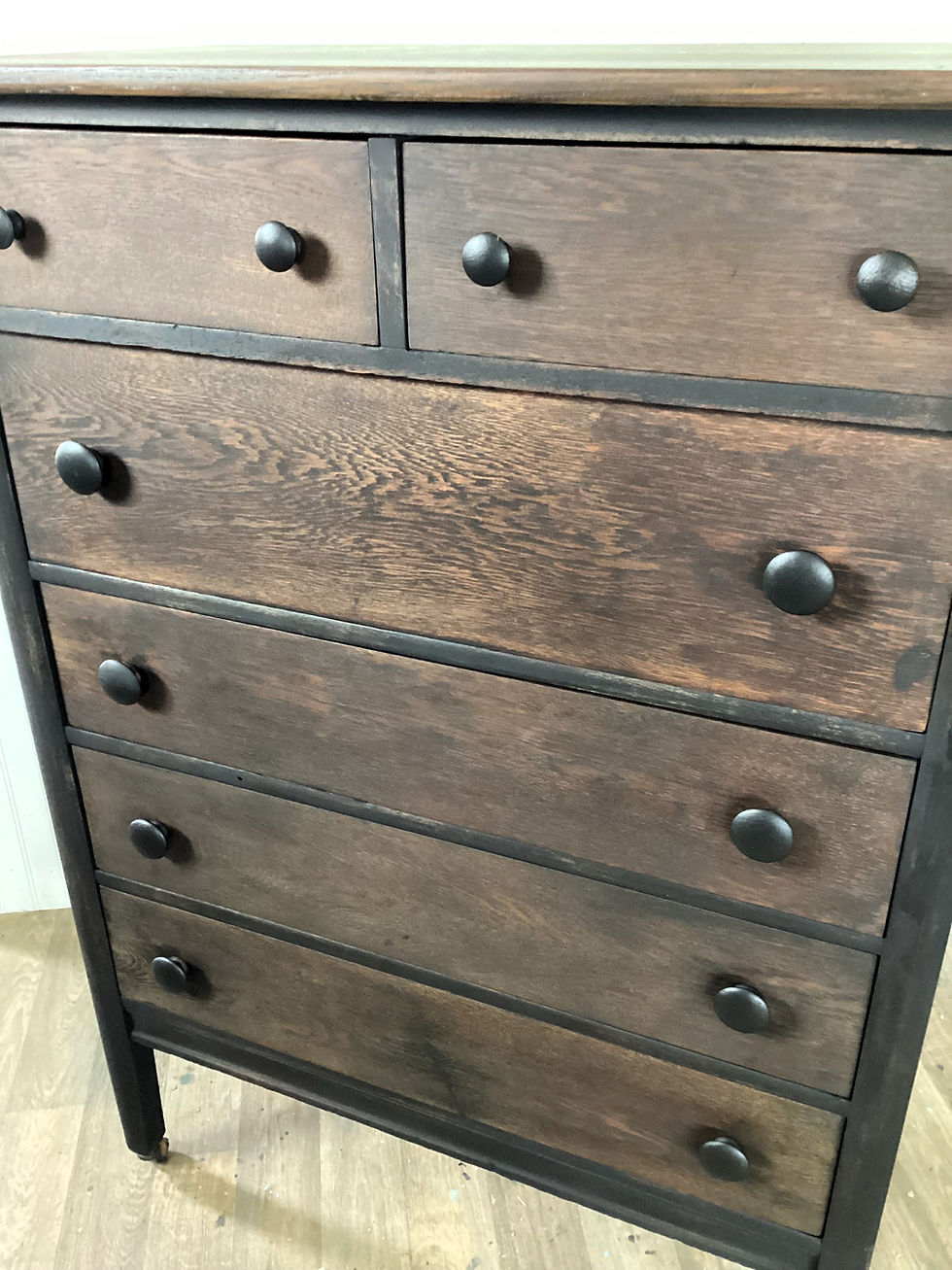 Thumbnail: Black and wood chest of drawers, Farmhouse antique dresser