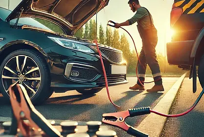 Mechanic jump-starting a vehicle with cables