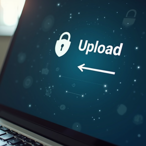 Laptop screen with a security lock icon and the word "Upload" with an arrow on a blue background, surrounded by digital patterns.