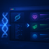 Glowing DNA helix feeds into a dark analytics dashboard with heart, leaf and brain icons, line charts, and circles.
