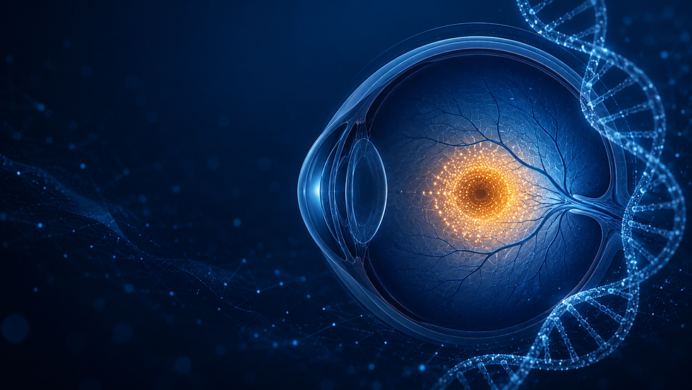 Abstract blue eye with glowing orange center and DNA helix on dark scientific background
