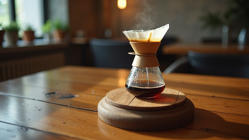 Eye-level view of a traditional Thai coffee drip setup on a wooden table