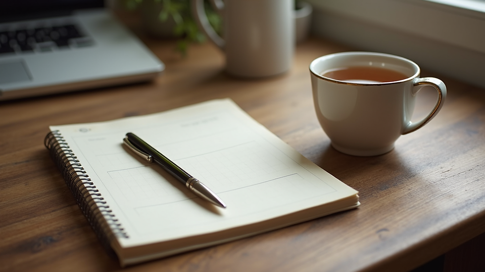 Close-up view of a notebook and pen beside a cup of herbal tea on a wooden table