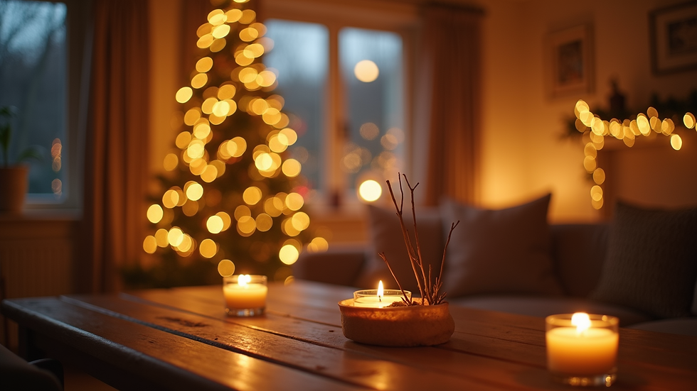 Close-up view of a softly lit room with warm holiday lights
