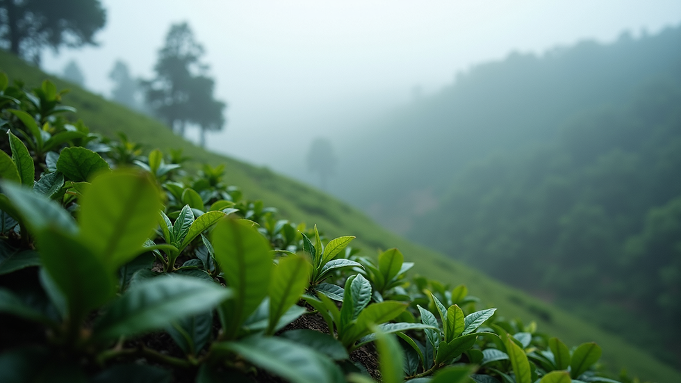 Eye-level view of coffee plants growing on a misty mountain slope