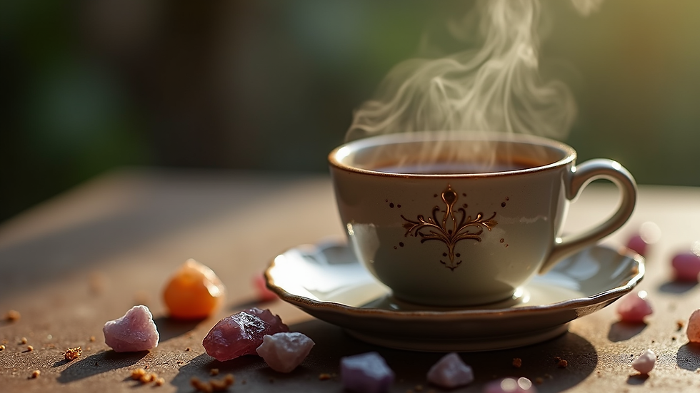 Close-up view of a steaming cup of Northern Thai coffee beside healing crystals